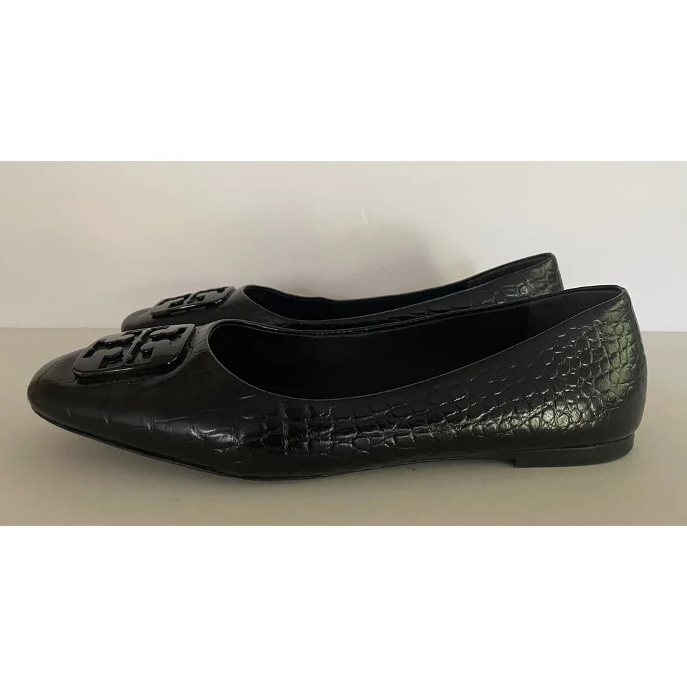 Tory Burch Georgia Black Croc Embossed Leather Square Toe Ballet Flats Career 8M